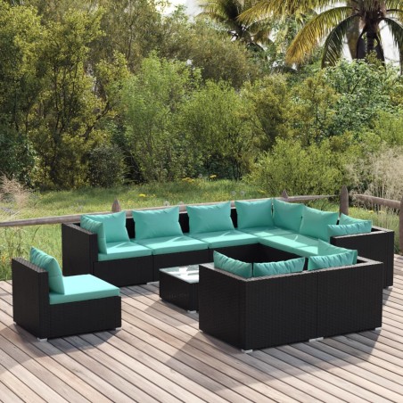 vidaXL Set de muebles de jardín 10 pzs y cojines ratán sintético negro