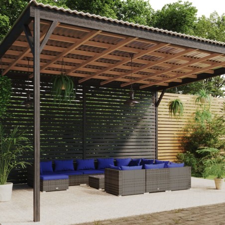 vidaXL Set de muebles de jardín 12 pzas y cojines ratán sintético gris