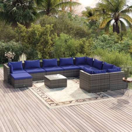 vidaXL Set de muebles de jardín 11 pzas y cojines ratán sintético gris