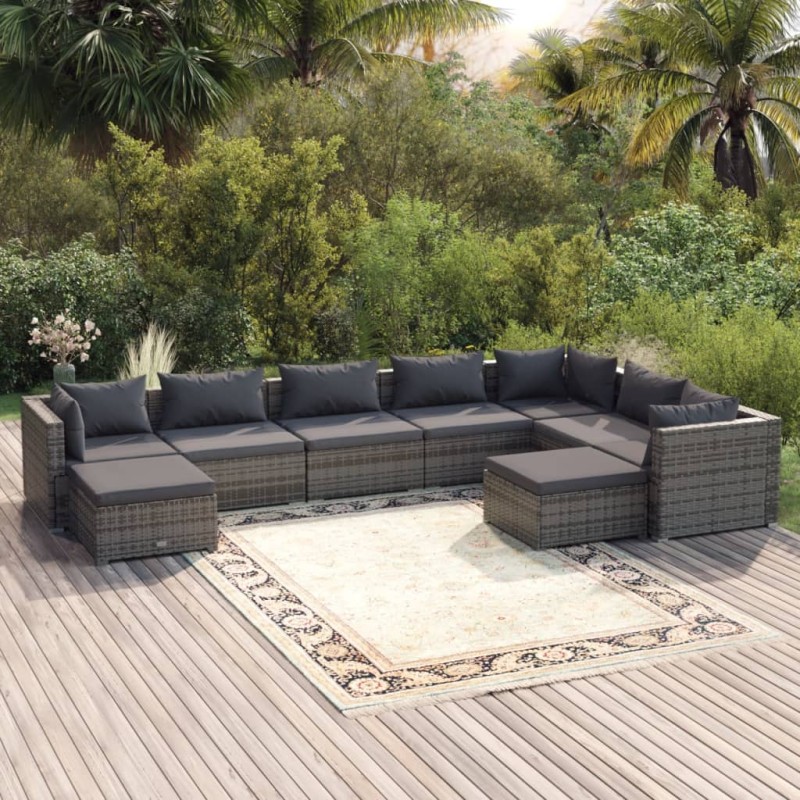 vidaXL Set de muebles de jardín 9 pzas y cojines ratán sintético gris vidaXL Set de muebles de jardín 9 pzas y cojines ratán sintético gris