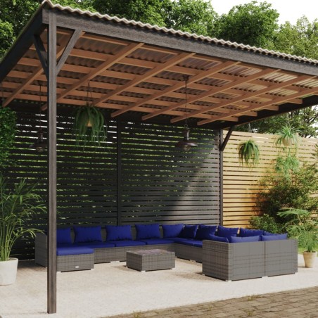 vidaXL Set de muebles de jardín 12 pzas y cojines ratán sintético gris