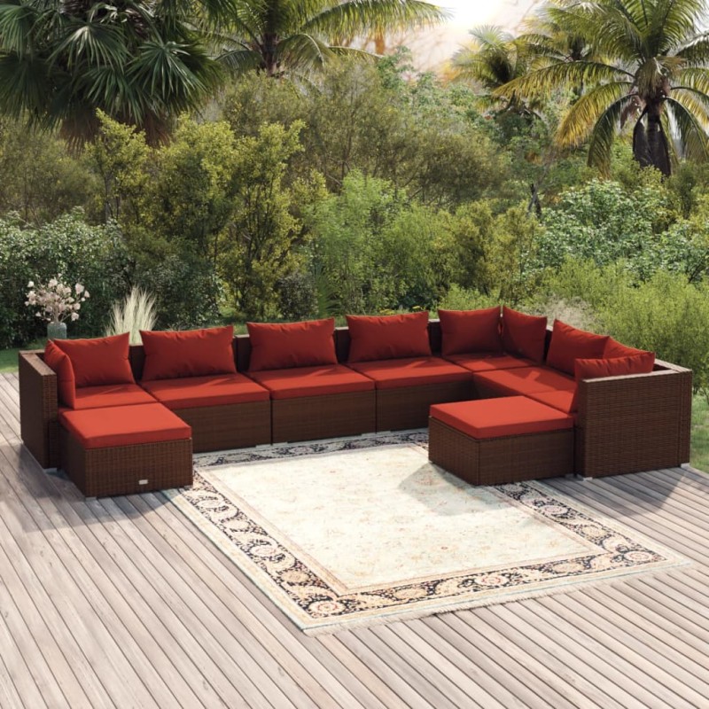 vidaXL Set muebles de jardín 9 piezas y cojines ratán sintético marrón vidaXL Set muebles de jardín 9 piezas y cojines ratán sintético marrón
