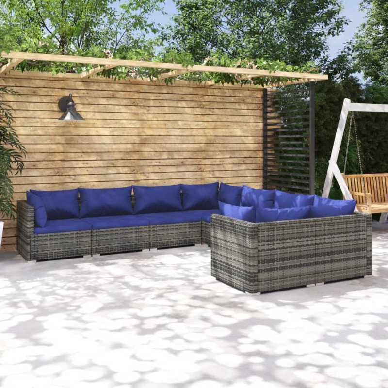 vidaXL Set de muebles de jardín 8 pzas y cojines ratán sintético gris vidaXL Set de muebles de jardín 8 pzas y cojines ratán sintético gris
