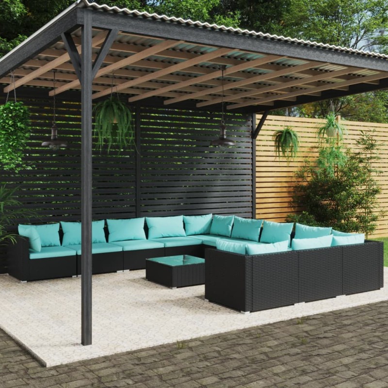vidaXL Set de muebles de jardín 12 pzs y cojines ratán sintético negro
