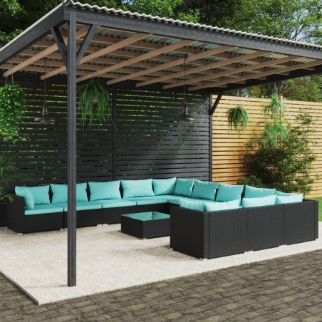 vidaXL Set de muebles de jardín 12 pzs y cojines ratán sintético negro