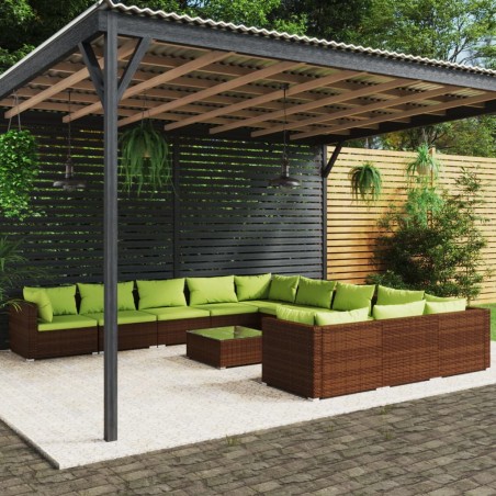 vidaXL Set muebles de jardín 12 pzas y cojines ratán sintético marrón