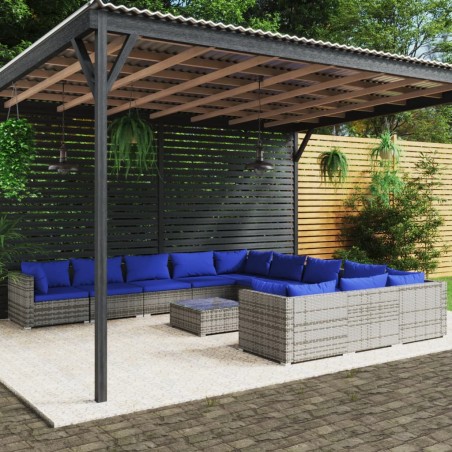 vidaXL Set de muebles de jardín 12 pzas y cojines ratán sintético gris