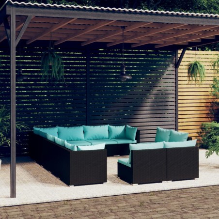 vidaXL Set de muebles de jardín 12 pzas cojines ratán sintético negro