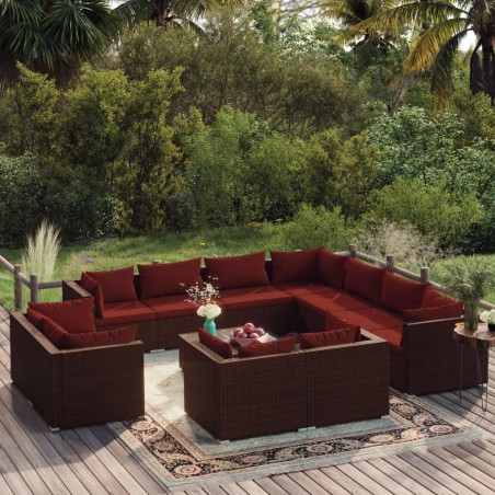 vidaXL Set muebles de jardín 12 pzas y cojines ratán sintético marrón