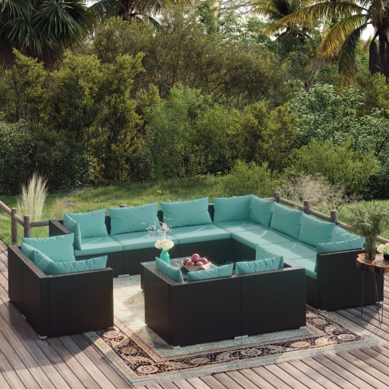 vidaXL Set de muebles de jardín 12 pzas cojines ratán sintético negro vidaXL Set de muebles de jardín 12 pzas cojines ratán sintético negro