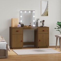 vidaXL Juego de tocador con LED madera maciza de pino marrón miel