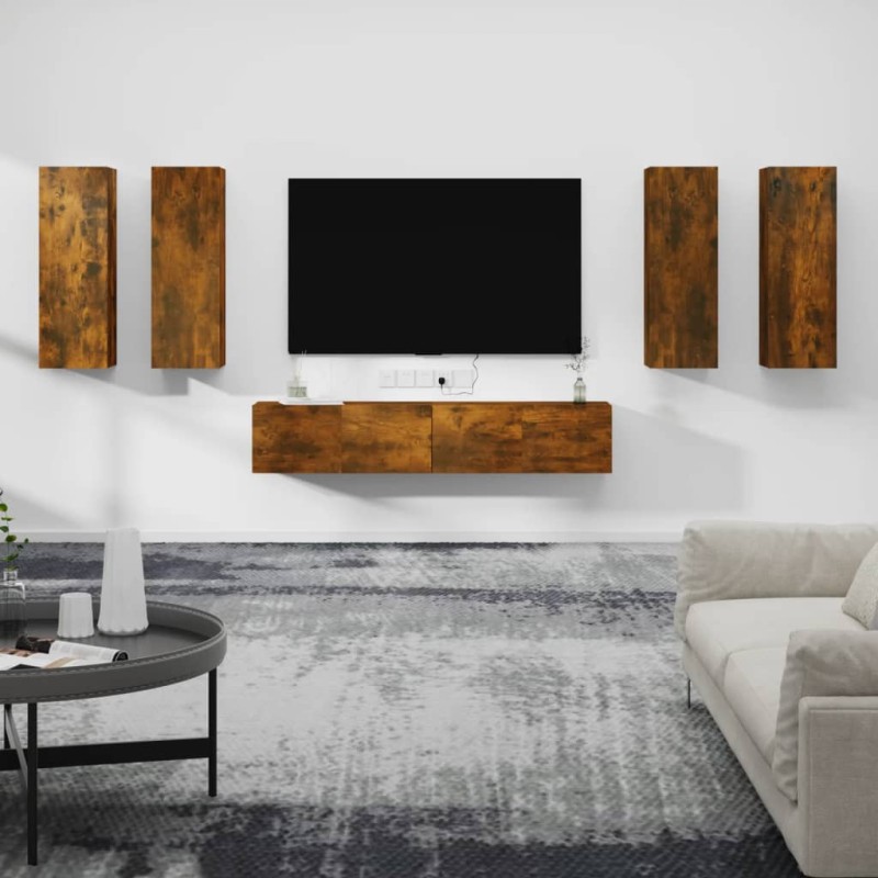 vidaXL Set de muebles de TV 6 pzas madera contrachapada roble ahumado vidaXL Set de muebles de TV 6 pzas madera contrachapada roble ahumado
