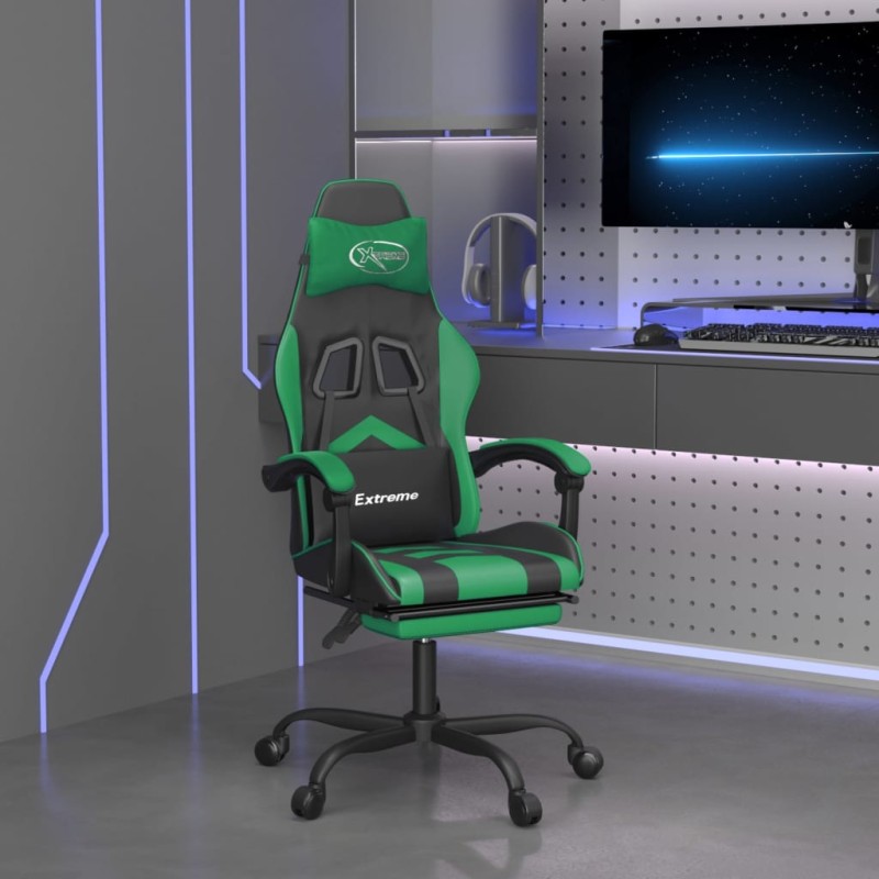 vidaXL Silla gaming giratoria y reposapiés cuero sintético negro verde vidaXL Silla gaming giratoria y reposapiés cuero sintético negro verde