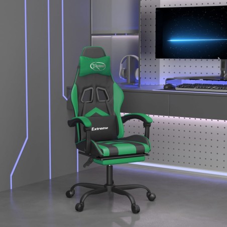 vidaXL Silla gaming giratoria y reposapiés cuero sintético negro verde