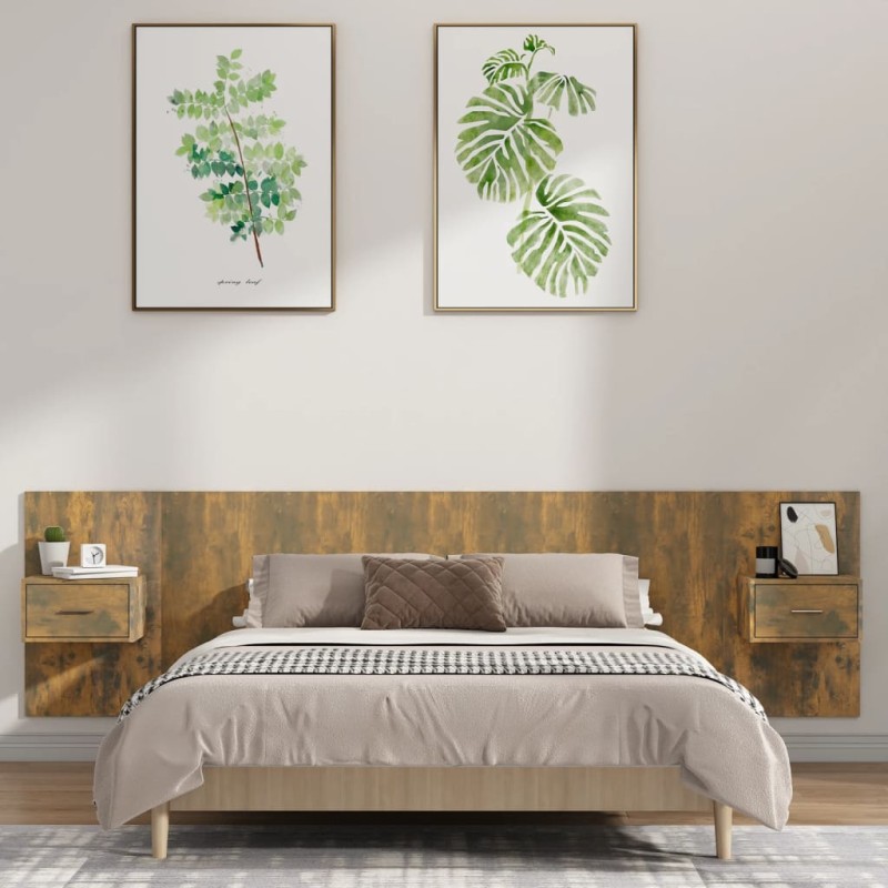 vidaXL Cabecero de cama y mesitas madera contrachapada roble ahumado