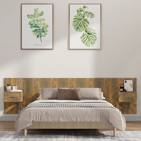 vidaXL Cabecero de cama y mesitas madera contrachapada roble ahumado