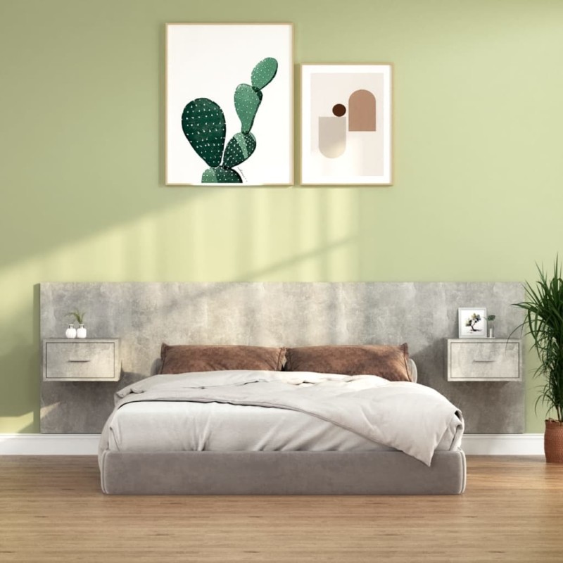 vidaXL Cabecero de cama y mesitas madera contrachapada gris hormigón vidaXL Cabecero de cama y mesitas madera contrachapada gris hormigón