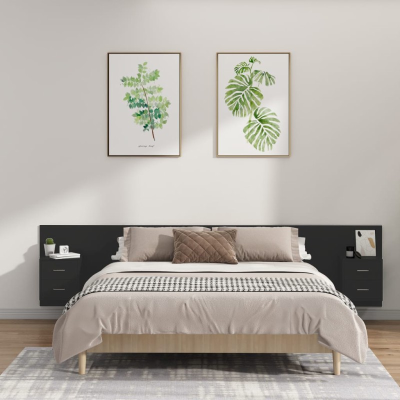 vidaXL Cabecero de cama con mesitas madera contrachapada negro vidaXL Cabecero de cama con mesitas madera contrachapada negro