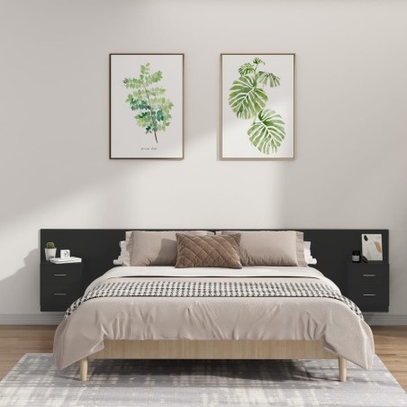 vidaXL Cabecero de cama con mesitas madera contrachapada negro