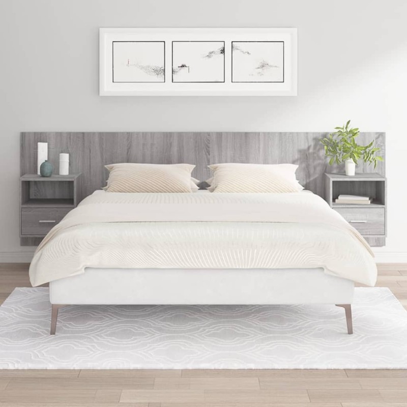 vidaXL Cabecero de cama y mesitas madera contrachapada gris Sonoma vidaXL Cabecero de cama y mesitas madera contrachapada gris Sonoma