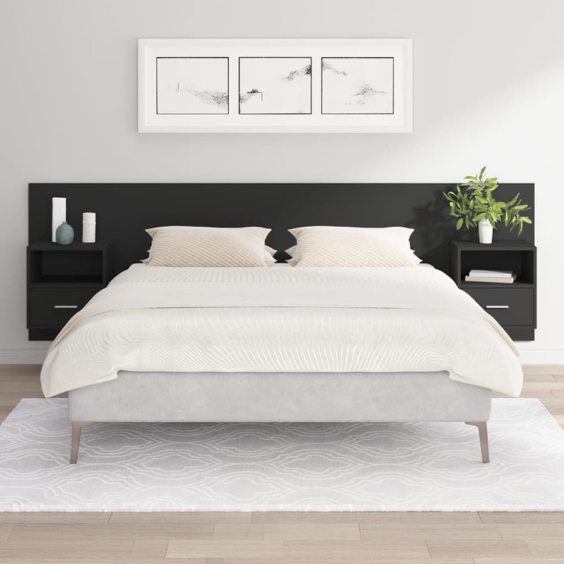vidaXL Cabecero de cama con mesitas madera contrachapada negro