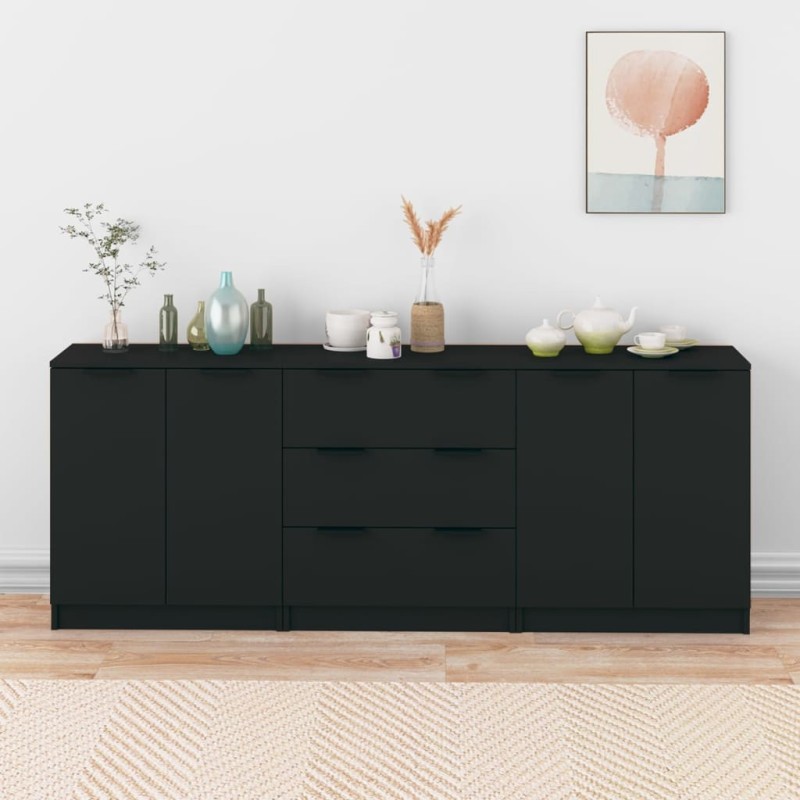 vidaXL Aparador de 3 piezas madera contrachapada negro vidaXL Aparador de 3 piezas madera contrachapada negro