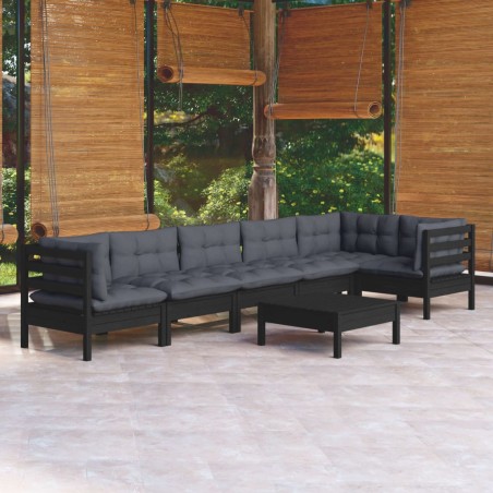vidaXL Muebles de jardín 7 pzas con cojines negro madera de pino