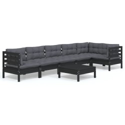 vidaXL Muebles de jardín 7 pzas con cojines negro madera de pino