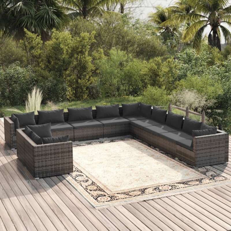 vidaXL Set de muebles de jardín 11 pzas y cojines ratán sintético gris vidaXL Set de muebles de jardín 11 pzas y cojines ratán sintético gris