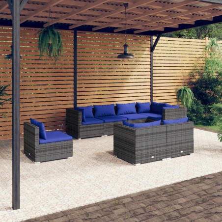 vidaXL Set de muebles de jardín 8 pzas y cojines ratán sintético gris