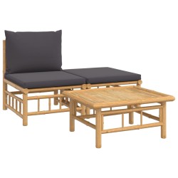 vidaXL Set de muebles de jardín 3 piezas bambú con cojines gris oscuro