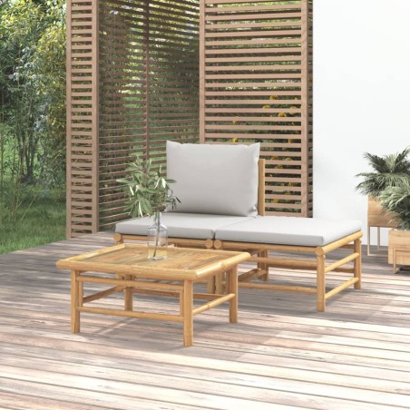 vidaXL Set de muebles de jardín 3 piezas bambú y cojines gris claro