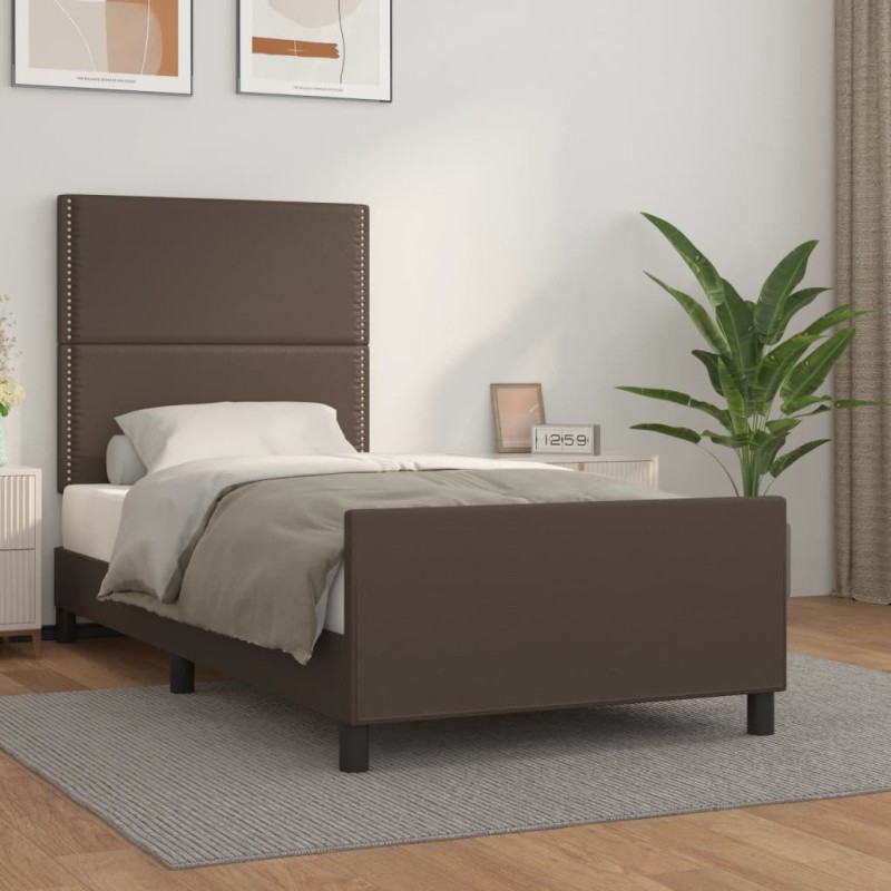 vidaXL Estructura de cama con cabecero cuero sintético marrón 90x200cm vidaXL Estructura de cama con cabecero cuero sintético marrón 90x200cm