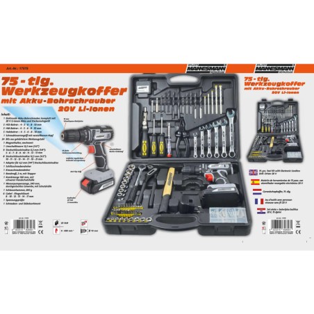 Brüder Mannesmann Herramientas y taladro inalámbrico 75 pzas 20V 1,3Ah