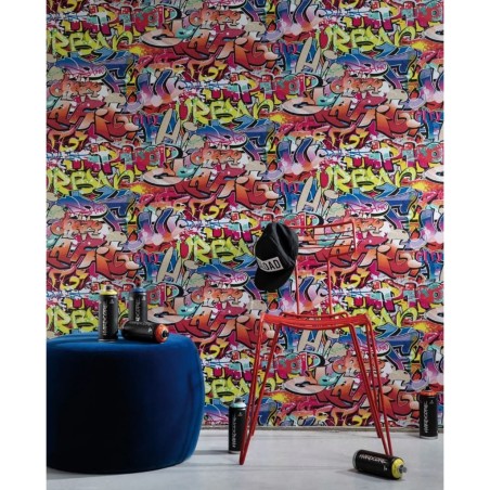 Noordwand Papel de pared Good Vibes Graffiti rosa y naranja