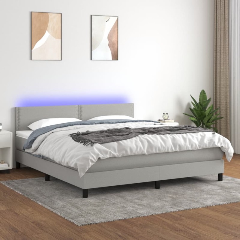 vidaXL Cama box spring colchón y luces LED tela gris claro 160x200 cm vidaXL Cama box spring colchón y luces LED tela gris claro 160x200 cm