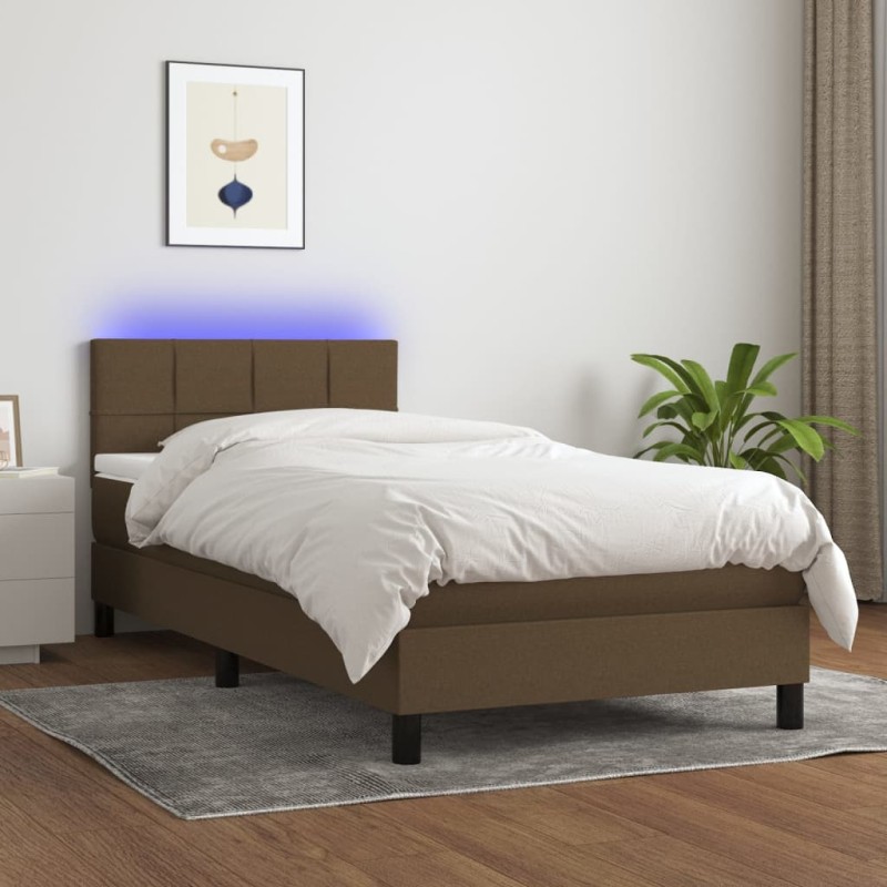 vidaXL Cama box spring colchón y luces LED tela marrón oscuro 90x200cm vidaXL Cama box spring colchón y luces LED tela marrón oscuro 90x200cm