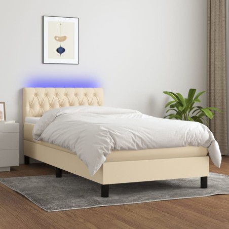 vidaXL Cama box spring colchón y luces LED tela color crema 90x190 cm