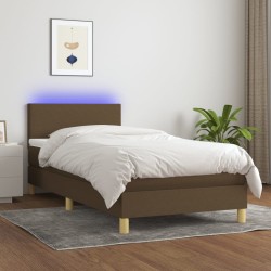 vidaXL Cama box spring colchón y luces LED tela marrón oscuro 90x200cm