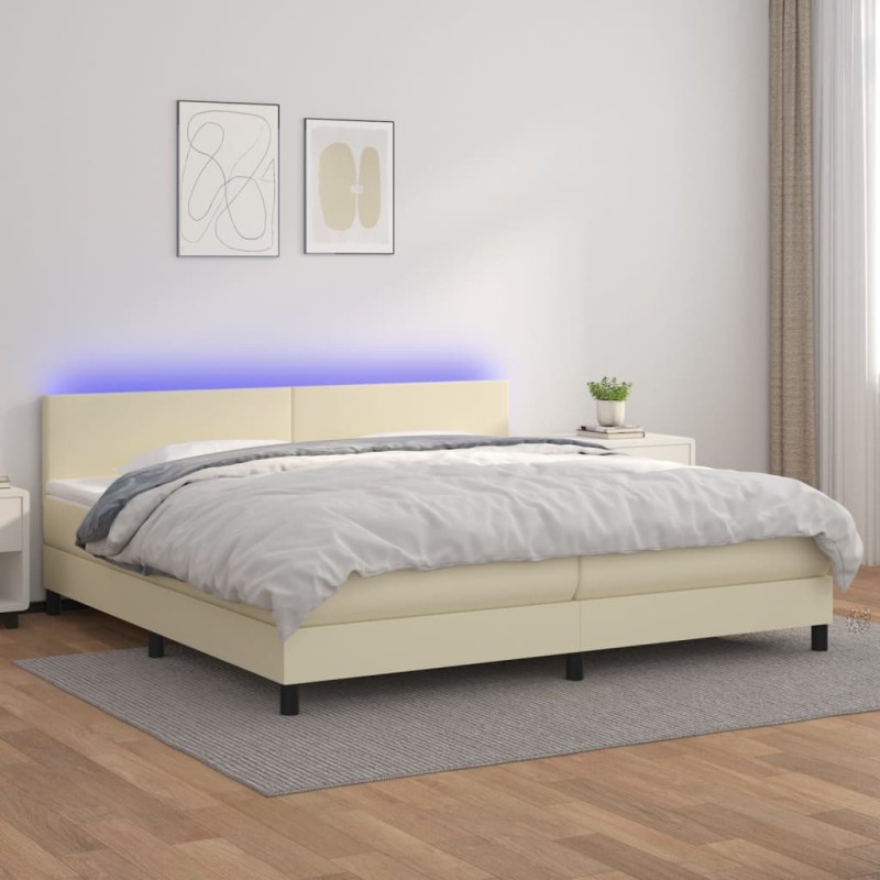 vidaXL Cama box spring colchón y LED cuero sintético crema 200x200 cm vidaXL Cama box spring colchón y LED cuero sintético crema 200x200 cm