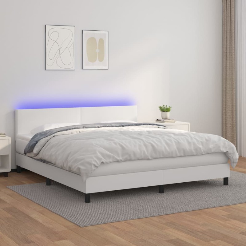 vidaXL Cama box spring colchón y LED cuero sintético blanco 160x200 cm vidaXL Cama box spring colchón y LED cuero sintético blanco 160x200 cm