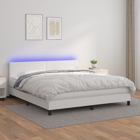 vidaXL Cama box spring colchón y LED cuero sintético blanco 160x200 cm