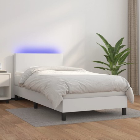 vidaXL Cama box spring colchón y LED cuero sintético blanco 100x200 cm