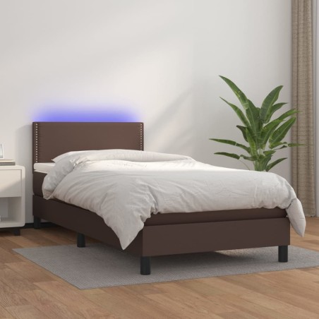 vidaXL Cama box spring colchón y LED cuero sintético marrón 100x200 cm