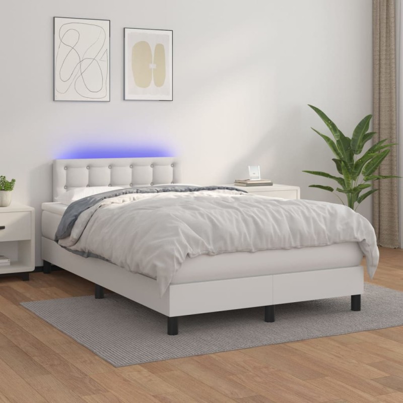 vidaXL Cama box spring colchón y LED cuero sintético blanco 120x200 cm vidaXL Cama box spring colchón y LED cuero sintético blanco 120x200 cm