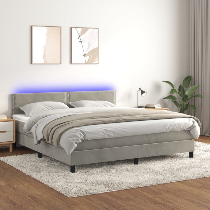 vidaXL Cama box spring colchón y LED terciopelo gris claro 160x200 cm vidaXL Cama box spring colchón y LED terciopelo gris claro 160x200 cm