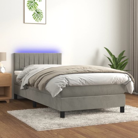 vidaXL Cama box spring colchón y LED terciopelo gris claro 90x190 cm