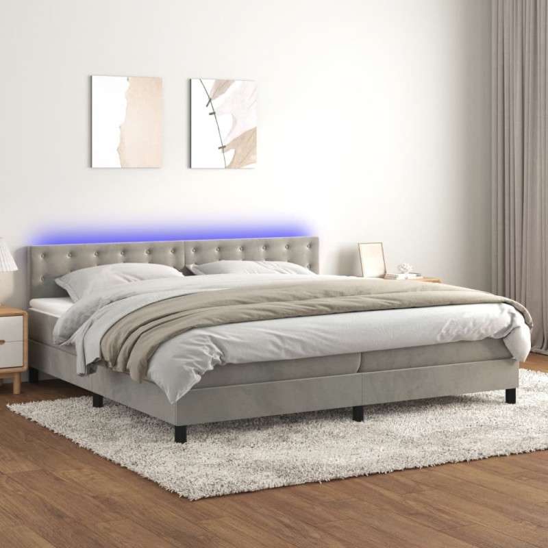 vidaXL Cama box spring colchón y LED terciopelo gris claro 200x200 cm vidaXL Cama box spring colchón y LED terciopelo gris claro 200x200 cm
