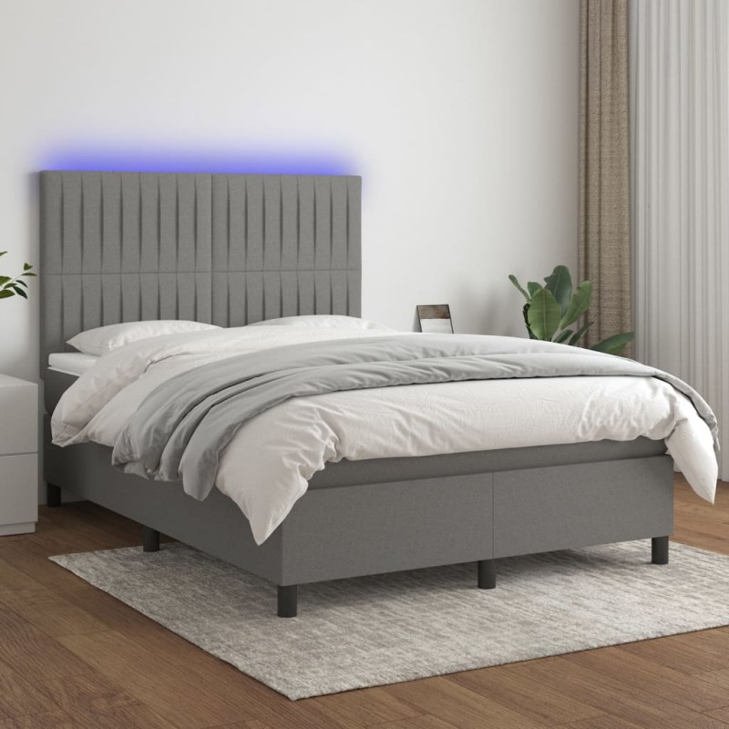 vidaXL Cama box spring colchón y luces LED tela gris oscuro 140x190 cm