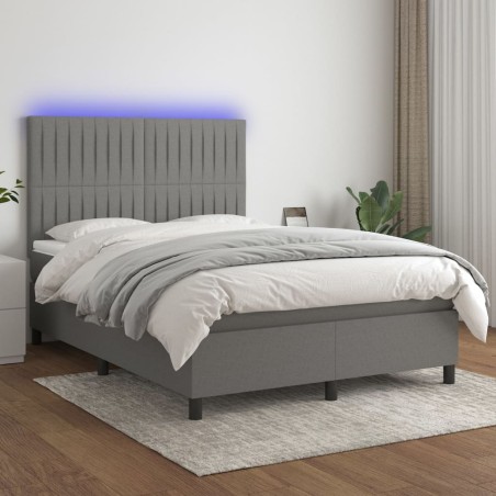 vidaXL Cama box spring colchón y luces LED tela gris oscuro 140x190 cm